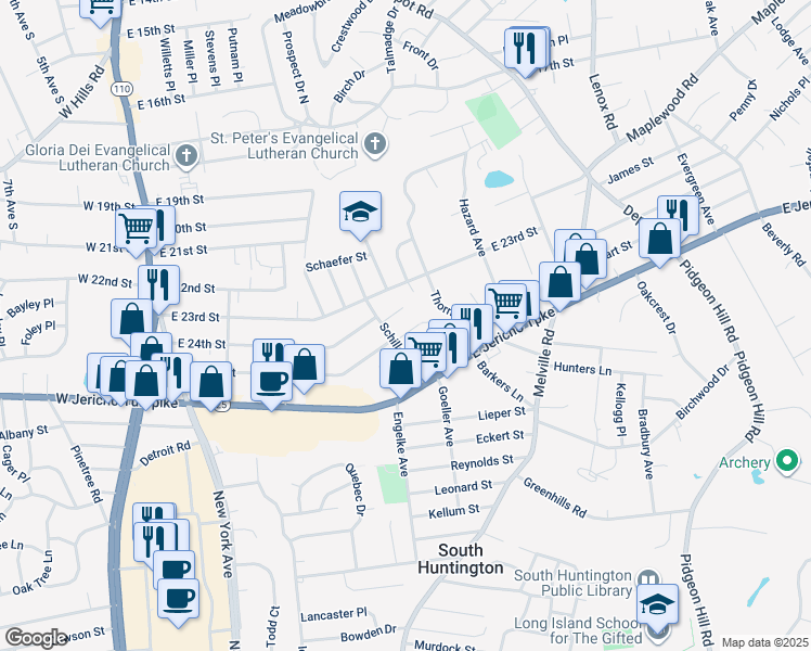 map of restaurants, bars, coffee shops, grocery stores, and more near 16 Schiller Avenue in Huntington Station