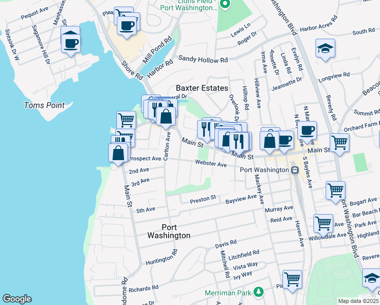 map of restaurants, bars, coffee shops, grocery stores, and more near 2 Adams Street in Port Washington