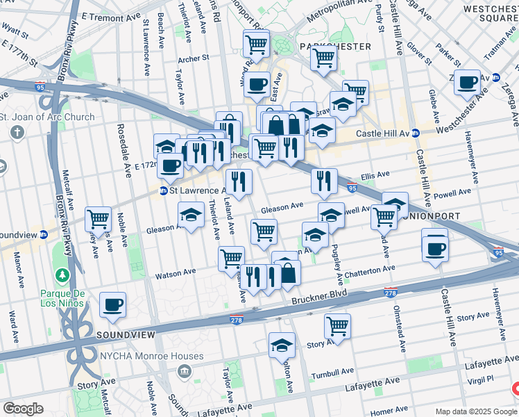 map of restaurants, bars, coffee shops, grocery stores, and more near 1157 White Plains Road in Bronx