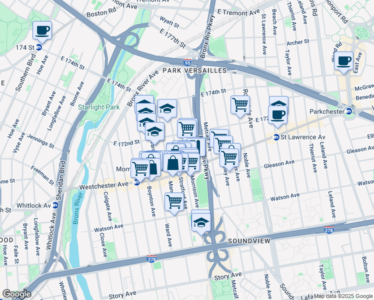 map of restaurants, bars, coffee shops, grocery stores, and more near 1620 Morrison Avenue in The Bronx
