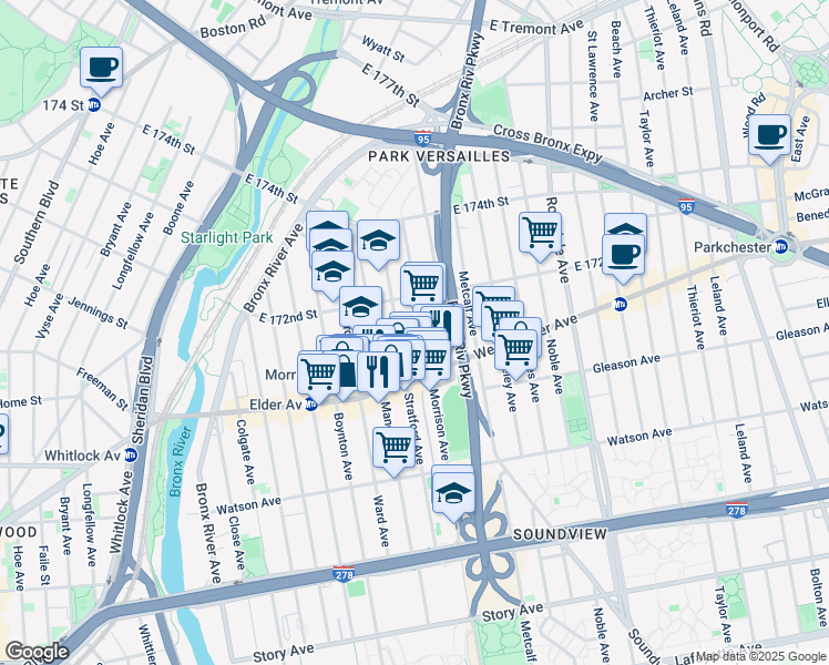 map of restaurants, bars, coffee shops, grocery stores, and more near 1620 Morrison Avenue in The Bronx