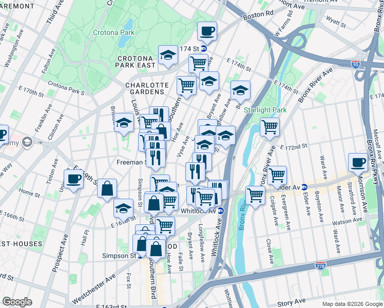 map of restaurants, bars, coffee shops, grocery stores, and more near 1406 Bryant Avenue in Bronx