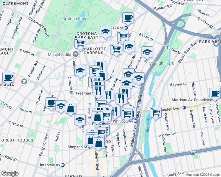 map of restaurants, bars, coffee shops, grocery stores, and more near 1235 Vyse Avenue in Bronx