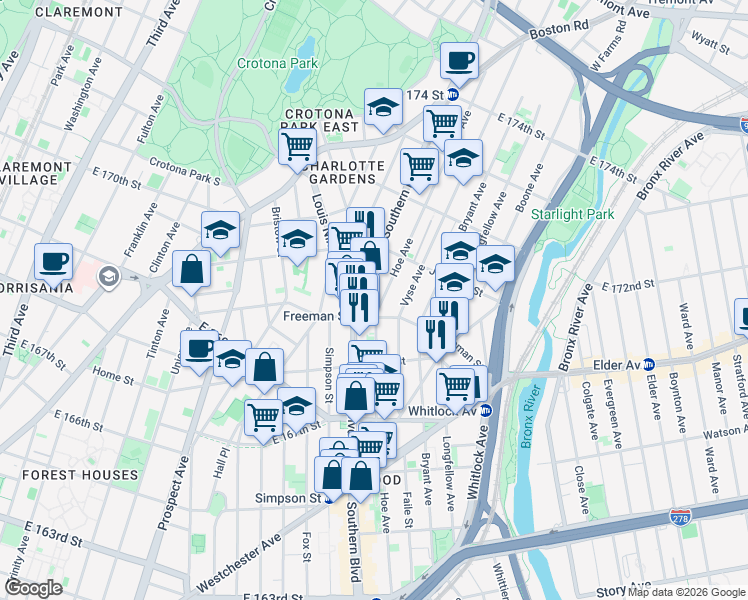 map of restaurants, bars, coffee shops, grocery stores, and more near in The Bronx
