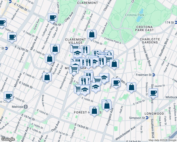 map of restaurants, bars, coffee shops, grocery stores, and more near 1208 Franklin Avenue in Bronx