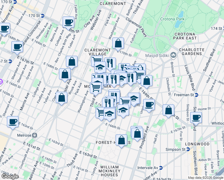 map of restaurants, bars, coffee shops, grocery stores, and more near 1208 Franklin Avenue in Bronx