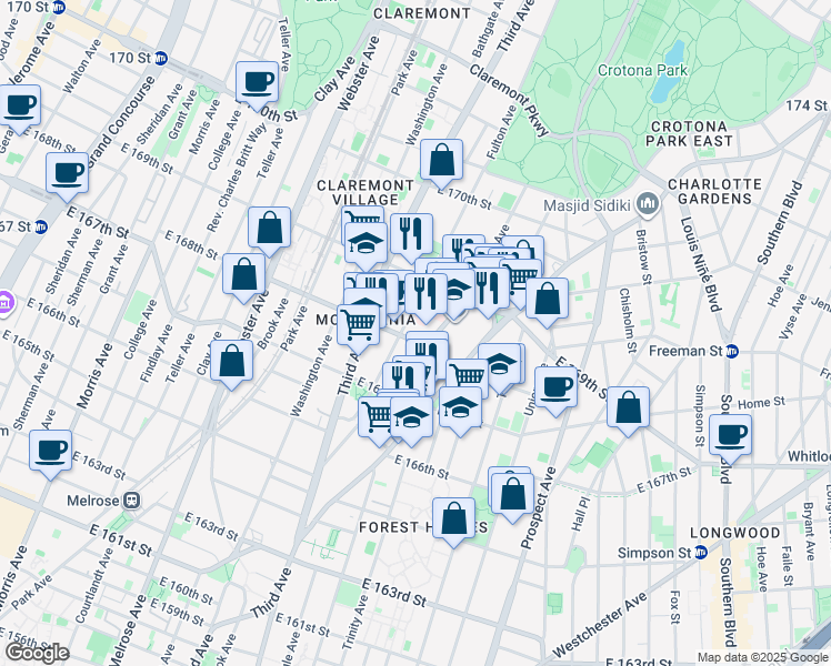 map of restaurants, bars, coffee shops, grocery stores, and more near 1208 Franklin Avenue in Bronx