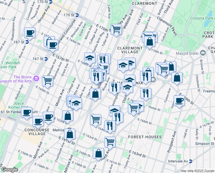 map of restaurants, bars, coffee shops, grocery stores, and more near 420 East 167th Street in The Bronx