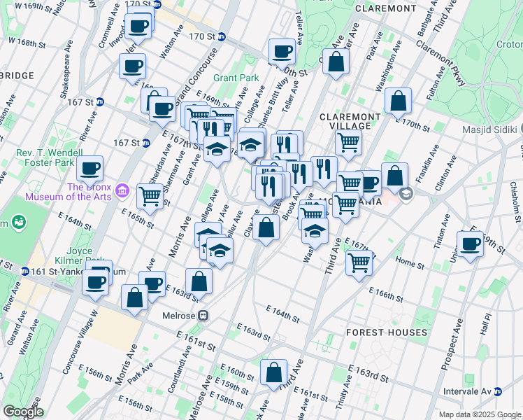 map of restaurants, bars, coffee shops, grocery stores, and more near 1135 Webster Avenue in Bronx
