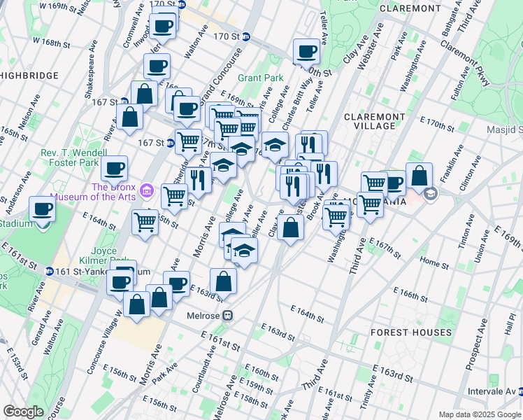 map of restaurants, bars, coffee shops, grocery stores, and more near 1109 Clay Avenue in The Bronx