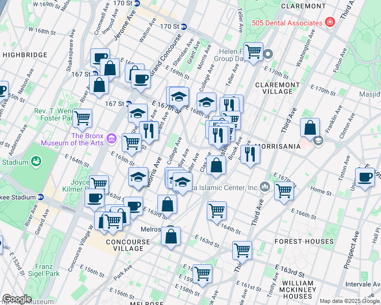 map of restaurants, bars, coffee shops, grocery stores, and more near 1109 Clay Avenue in The Bronx