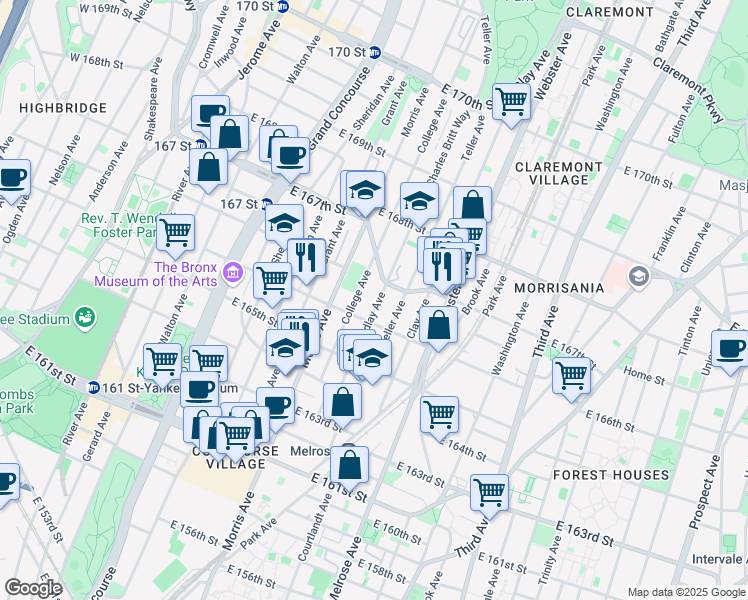 map of restaurants, bars, coffee shops, grocery stores, and more near 318 East 166th Street in The Bronx