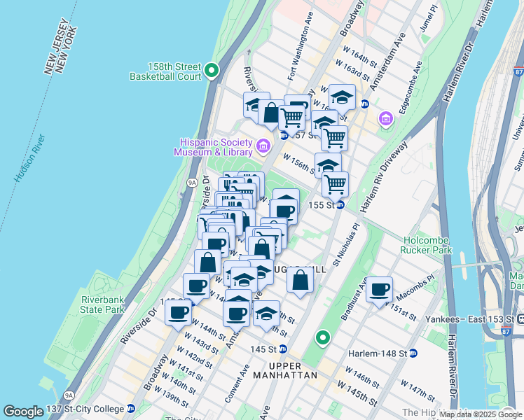 map of restaurants, bars, coffee shops, grocery stores, and more near 520 West 152nd Street in New York