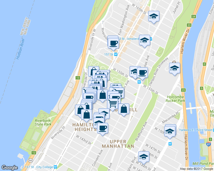 map of restaurants, bars, coffee shops, grocery stores, and more near 535 West 151st Street in New York