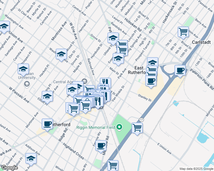 map of restaurants, bars, coffee shops, grocery stores, and more near 227 Park Avenue in East Rutherford