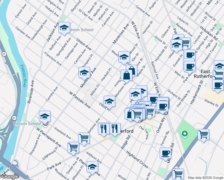 map of restaurants, bars, coffee shops, grocery stores, and more near 175 Irving Place in Rutherford