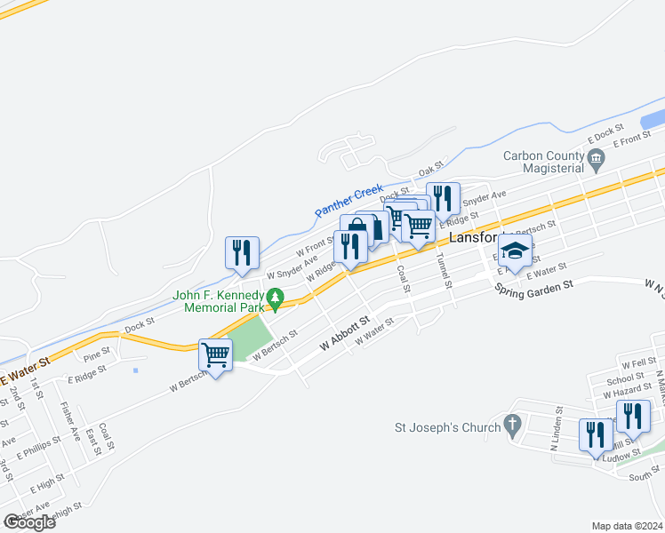 map of restaurants, bars, coffee shops, grocery stores, and more near 218 West Patterson Street in Lansford