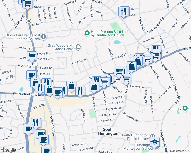 map of restaurants, bars, coffee shops, grocery stores, and more near 16 Schiller Avenue in Huntington Station