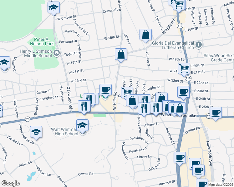 map of restaurants, bars, coffee shops, grocery stores, and more near 76 Oakley Drive in Huntington Station