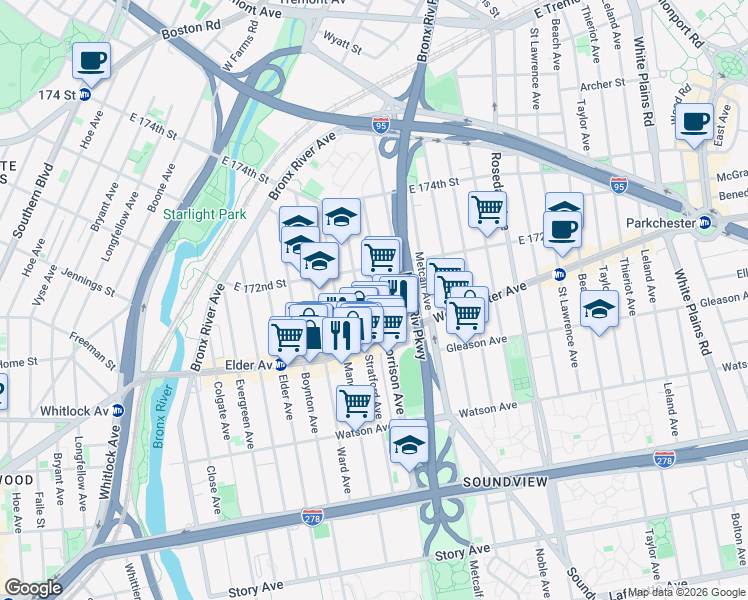 map of restaurants, bars, coffee shops, grocery stores, and more near 1620 Morrison Avenue in The Bronx