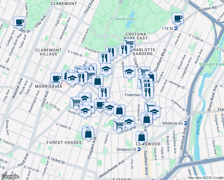 map of restaurants, bars, coffee shops, grocery stores, and more near 1289 Chisholm Street in Bronx