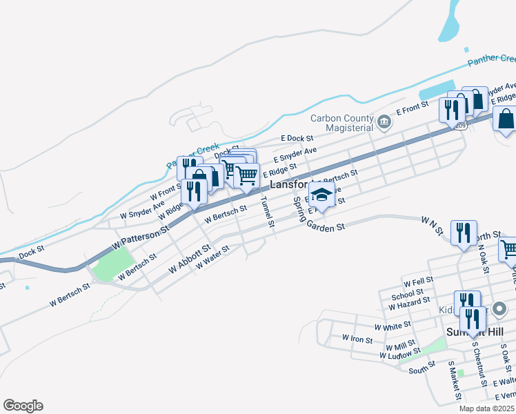 map of restaurants, bars, coffee shops, grocery stores, and more near 12 East Bertsch Street in Lansford