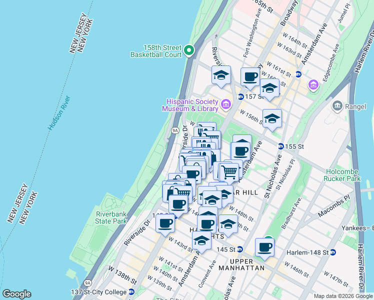 map of restaurants, bars, coffee shops, grocery stores, and more near 736 Riverside Drive in New York