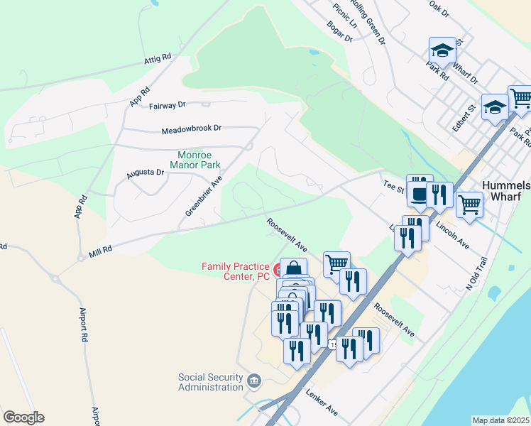 map of restaurants, bars, coffee shops, grocery stores, and more near 399 Mill Rd in Selinsgrove