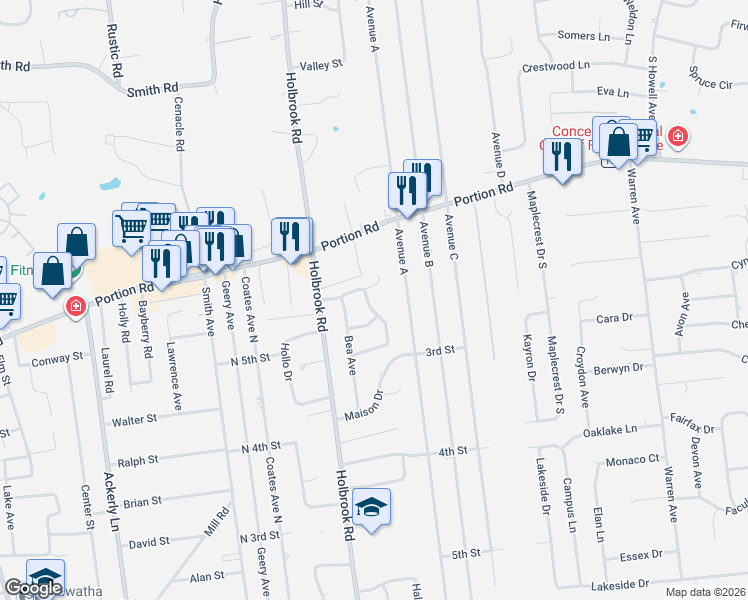 map of restaurants, bars, coffee shops, grocery stores, and more near 23 Topaz Drive in Lake Ronkonkoma