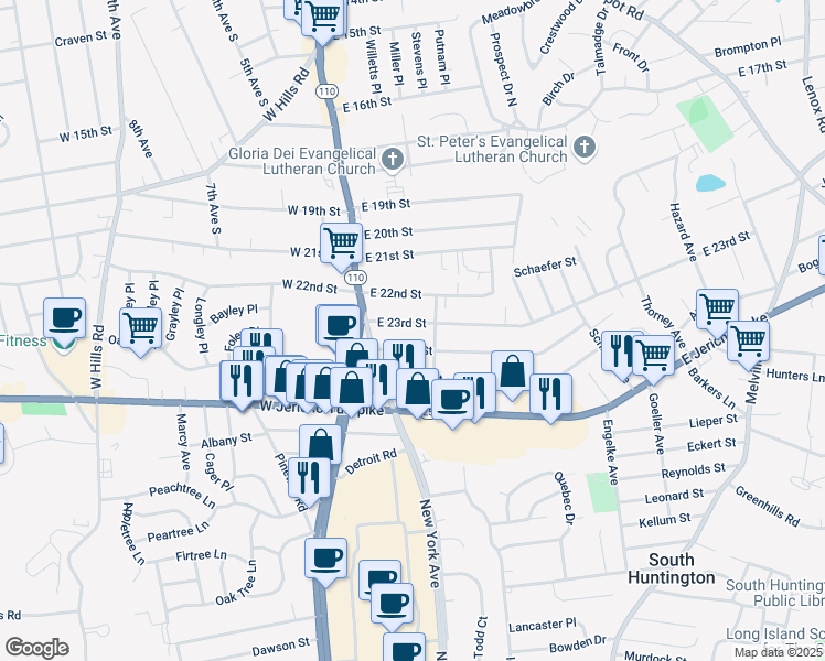 map of restaurants, bars, coffee shops, grocery stores, and more near 27 East 24th Street in Huntington Station