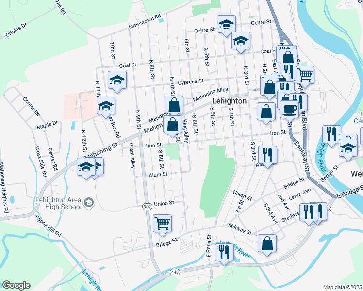 map of restaurants, bars, coffee shops, grocery stores, and more near 639 Iron Street in Lehighton