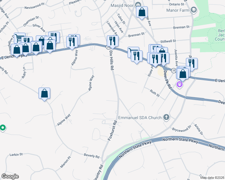 map of restaurants, bars, coffee shops, grocery stores, and more near 179 Dix Hills Road in Huntington Station