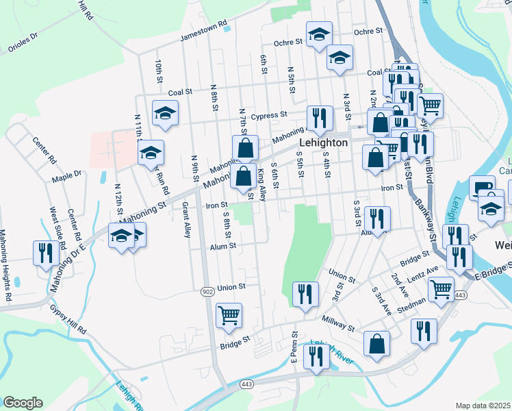 map of restaurants, bars, coffee shops, grocery stores, and more near 639 Iron Street in Lehighton