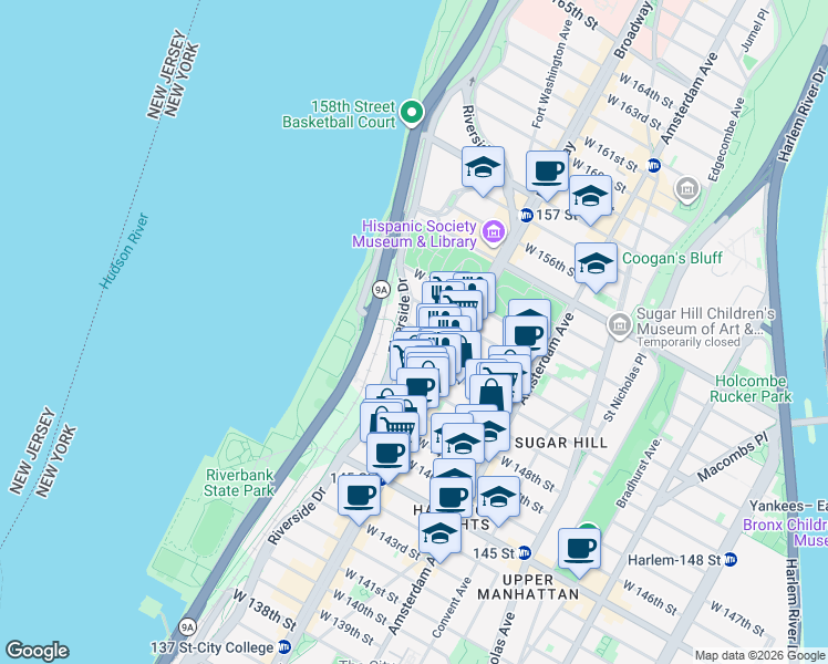 map of restaurants, bars, coffee shops, grocery stores, and more near 630 West 151st Street in New York