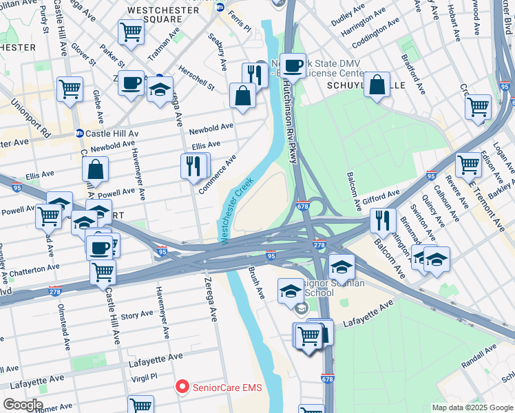 map of restaurants, bars, coffee shops, grocery stores, and more near 2501 Bruckner Boulevard in The Bronx