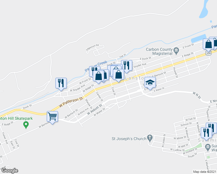 map of restaurants, bars, coffee shops, grocery stores, and more near 108 West Patterson Street in Lansford