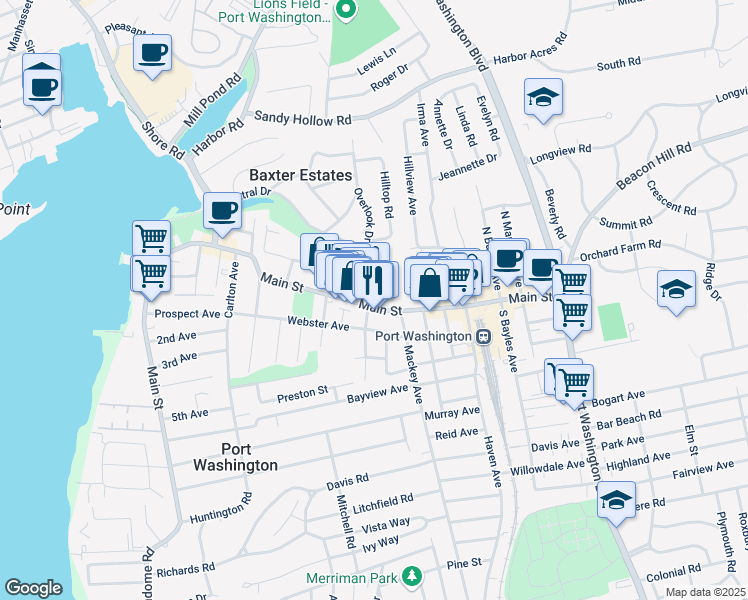 map of restaurants, bars, coffee shops, grocery stores, and more near 32 Central Drive in Port Washington