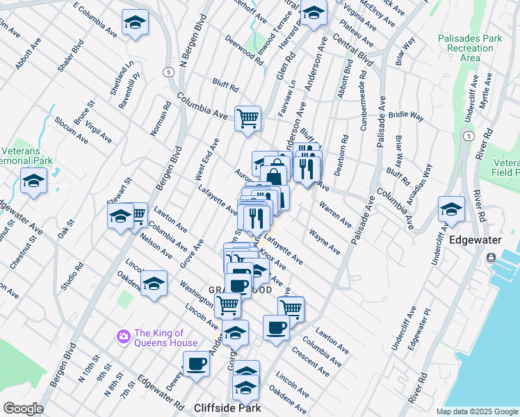 map of restaurants, bars, coffee shops, grocery stores, and more near 364 Aurora Avenue in Cliffside Park