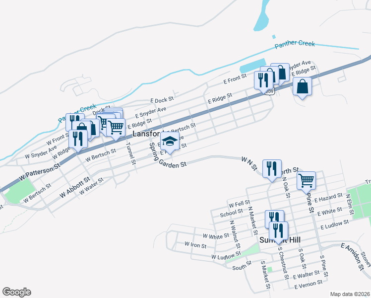 map of restaurants, bars, coffee shops, grocery stores, and more near 246 East Kline Avenue in Lansford