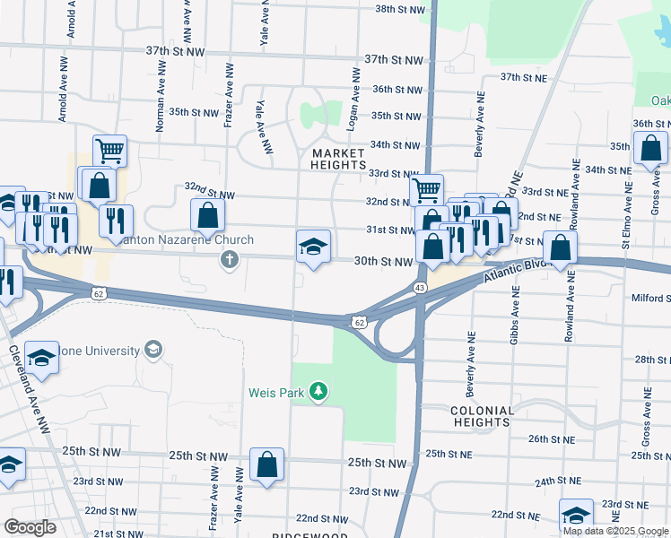 map of restaurants, bars, coffee shops, grocery stores, and more near 316 30th Street Northwest in Canton