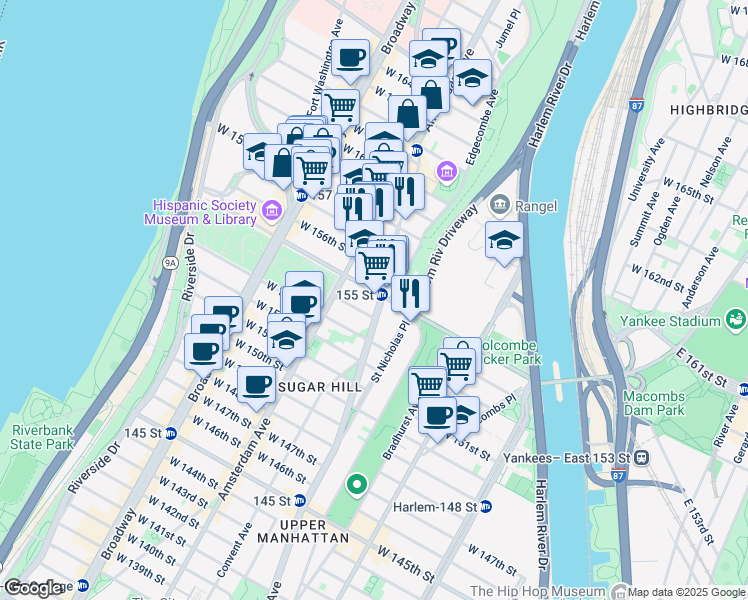 map of restaurants, bars, coffee shops, grocery stores, and more near 889 Saint Nicholas Avenue in New York