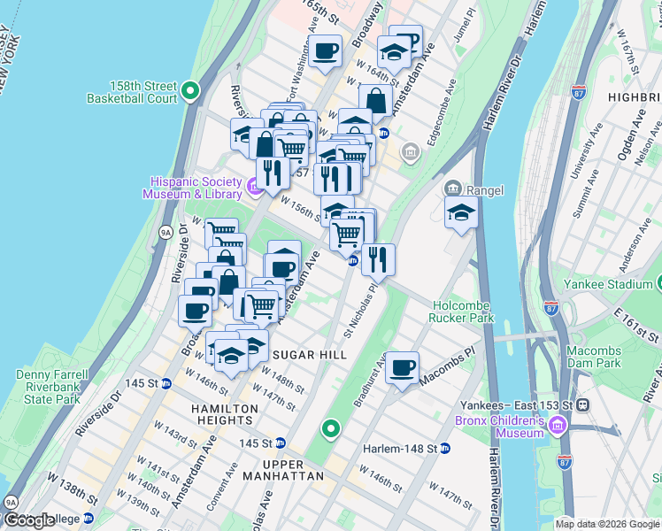 map of restaurants, bars, coffee shops, grocery stores, and more near 423 West 154th Street in New York