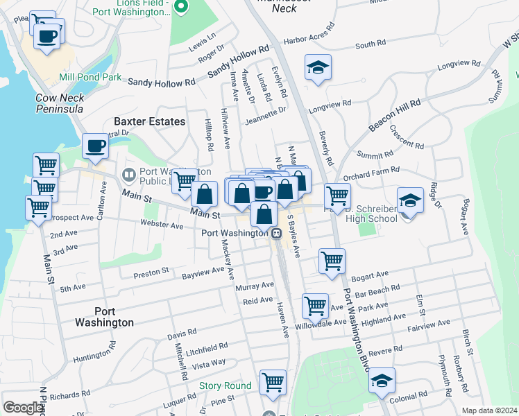 map of restaurants, bars, coffee shops, grocery stores, and more near 79 Main Street in Port Washington