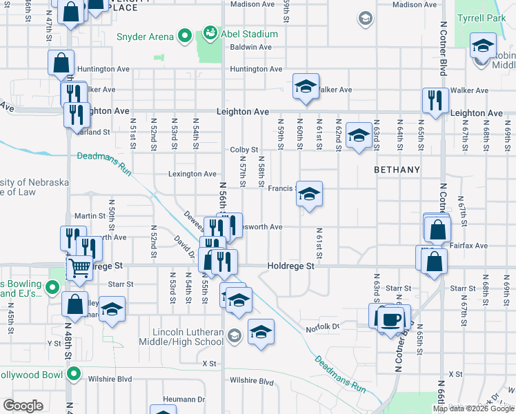 map of restaurants, bars, coffee shops, grocery stores, and more near 1845 North 58th Street in Lincoln