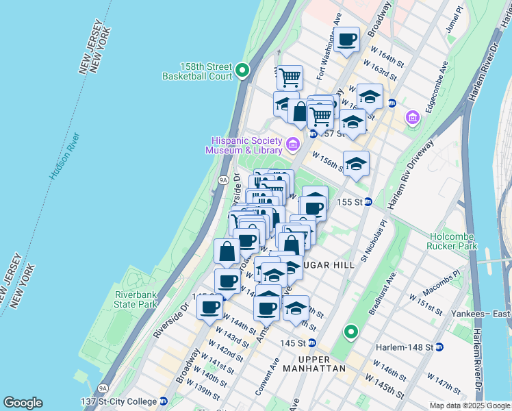 map of restaurants, bars, coffee shops, grocery stores, and more near 605 West 151st Street in New York