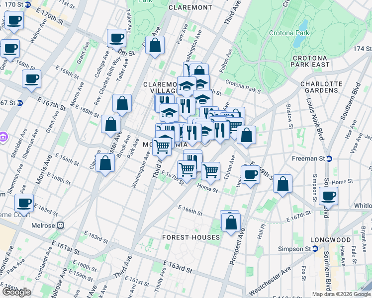 map of restaurants, bars, coffee shops, grocery stores, and more near 1235 Franklin Avenue in The Bronx