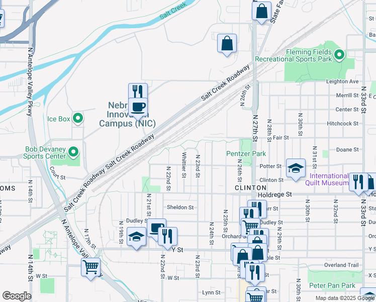 map of restaurants, bars, coffee shops, grocery stores, and more near 1823 Whittier Street in Lincoln