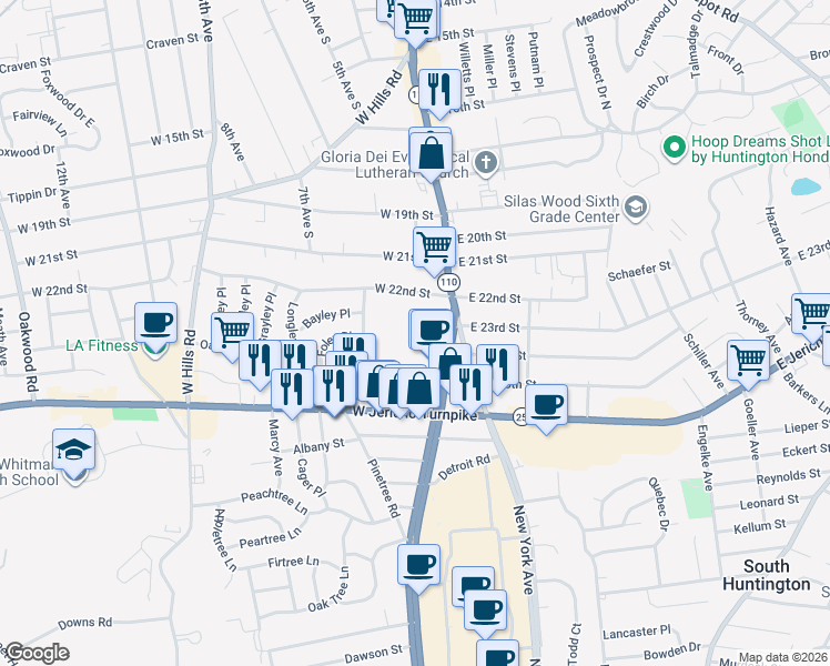 map of restaurants, bars, coffee shops, grocery stores, and more near 18 West 22nd Street in Huntington Station
