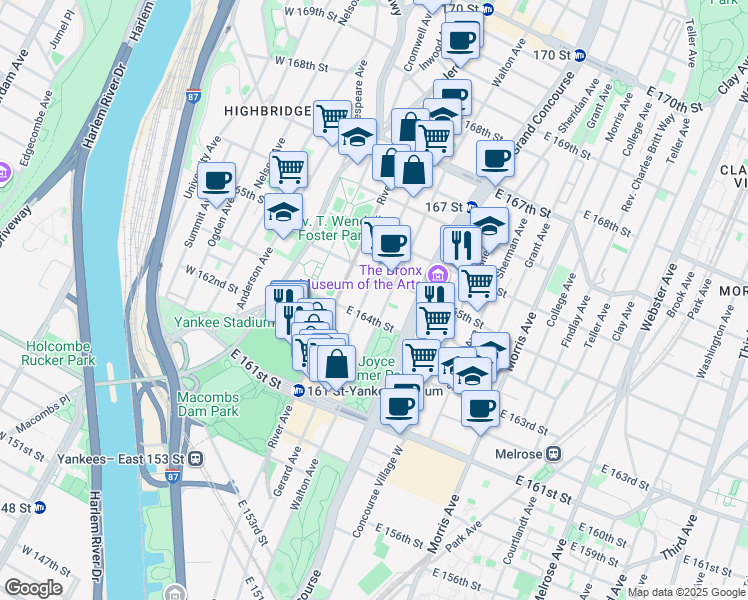 map of restaurants, bars, coffee shops, grocery stores, and more near in The Bronx