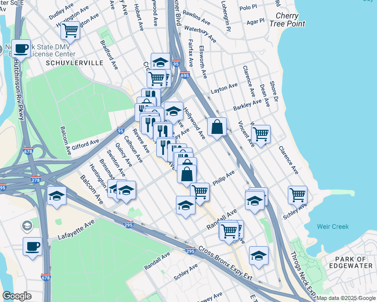 map of restaurants, bars, coffee shops, grocery stores, and more near 927 Logan Avenue in The Bronx